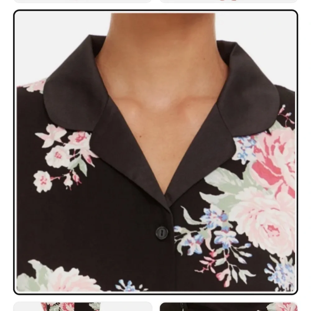 New 2 piece Flora Nikrooz Satin Trim Notch‎ Collar PJ Set, Black floral butter